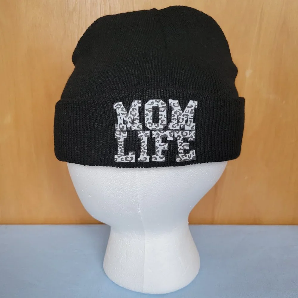 NEW Black Knit Beanie Mom Life Maternal Mommy Leopard Fuzzy Hat Skater Outdoor - Picture 4 of 5